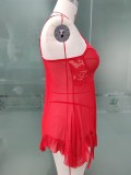Plus Size Red Lace Mesh Cami Ruffle Nightgown Sexy Lingerie