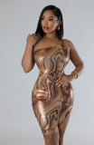 Printed Slash Shoulder Sleeveless Bodycon Irregular Dress