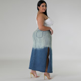 Plus Size Gradient Slit Midi Slim Denim Skirt