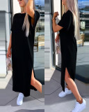 Solid Short-Sleeved Slit Casual Long Dress