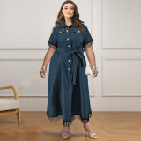 Plus Size Short Sleeve Tassel Buttoned Casual Dress with Belt