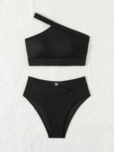 Black Ribbed One Shoulder Sexy Bikini Swimwear