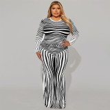Plus Size Irregular Striped Printed Long Sleeve Slinky Maxi Dress