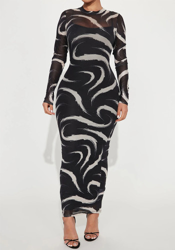 Printed Lined Cami Mesh Translucent Dress 2PCS Set
