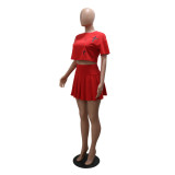 Round Neck Loose Printed Short Sleeve Crop Top +Pleated Skirt 2PCS Set