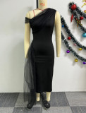 Black Mesh Splicing Slash Shoulder Bodycon Midi Dress