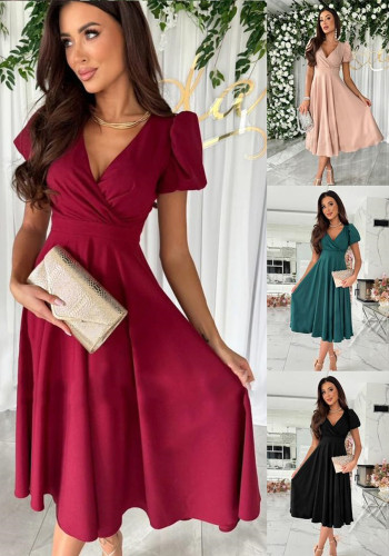Solid Puff Sleeve V neck Swing Dress