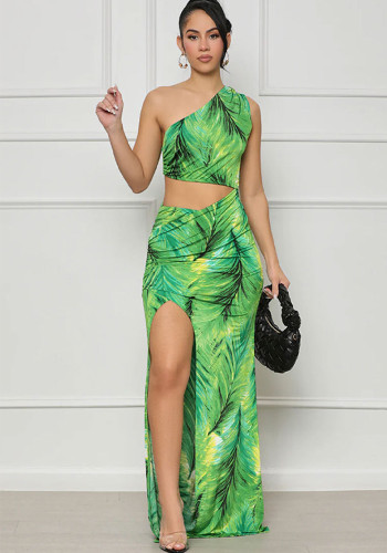 Leaf Print Cut Out Slash Shoulder Slit Maxi Dress