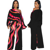 Trendy Print Slash Shoulder Long Sleeve Wide Leg Jumpsuit