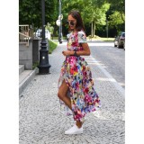 Printed Slim Tie Waist V-Neck Short Sleeve Maxi Dress
