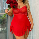 Plus Size Red Lace Mesh Cami Ruffle Nightgown Sexy Lingerie
