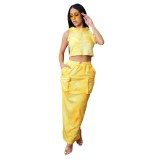 Sexy Tie Dye Hooded Sleeveless Crop Top Cargo Pocket Slit Skirt Set