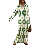 Plus Size Turndown Collar Long Sleeve Printed Slit Loose Maxi Dress