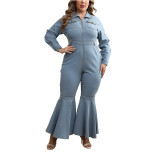 Plus Size Denim Zipper Turn Down Collar Long Sleeve Bell Bottom Jumpsuit