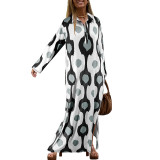 Plus Size Turndown Collar Long Sleeve Printed Slit Loose Maxi Dress