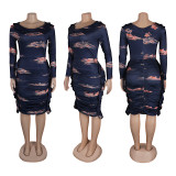 Printed Long Sleeve Ruched Bodycon Dress