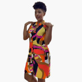 Sexy Printed Sleeveless Tie Waist Buttoned Dress