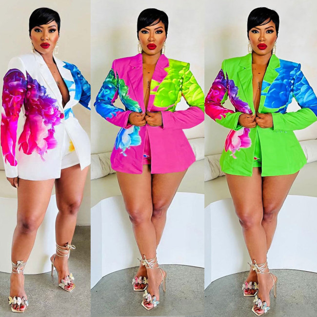 Sexy Printed Blazer Shorts Two Piece Suit