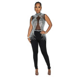 Fashion Contrast Color Rhinestone Mesh Sleeveless Jumpsuit