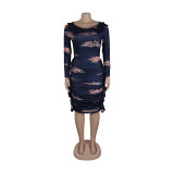 Printed Long Sleeve Ruched Bodycon Dress