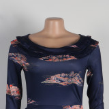 Printed Long Sleeve Ruched Bodycon Dress