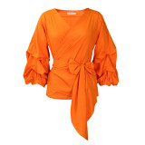 Fashion Solid V-Neck Lace-Up Puff Sleeve Sexy Blouse Top