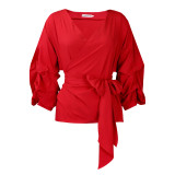 Fashion Solid V-Neck Lace-Up Puff Sleeve Sexy Blouse Top