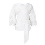 Fashion Solid V-Neck Lace-Up Puff Sleeve Sexy Blouse Top
