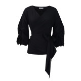 Fashion Solid V-Neck Lace-Up Puff Sleeve Sexy Blouse Top