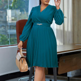 Solid V Neck Long Sleeve Pleated Plus Size African Dress