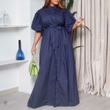 Solid Bell Bottom Sleeve Buttoned Belted Loose Maxi Dress