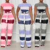 Sexy Gradient Short Sleeve Tie Top and Wide Leg Pants 2PCS Set