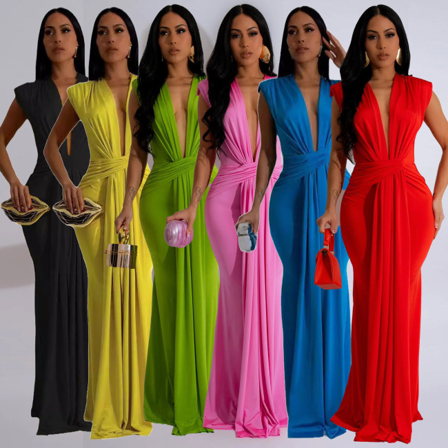 Sexy Solid Sexy Plunge Neck Sleeveless Maxi Dress