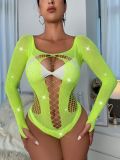 Rhienstone Hollow Mesh Sexy Lingerie Long Sleeve Bodysuit