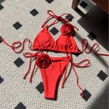 Solid Rose Drawstring Halter Bikini Set