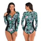Tropical Leaf Print Zip Up Contrast One Piece Rashguard