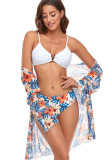 Floral Print White Cami Bikini and Long Cardigan Swimwear 3PCS Set