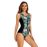 Floral Print Splicing One Piece Swimwear Surfing Sleeveless Rash Guards