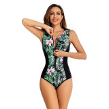 Floral Print Splicing One Piece Swimwear Surfing Sleeveless Rash Guards