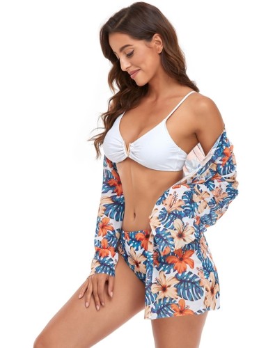 Floral Print White Cami Bikini and Long Cardigan Swimwear 3PCS Set