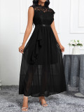 Sexy Lace Bodice Chiffon Round Neck Sleeveless Evening Dress