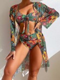 Mesh Print Beach Cover Up Three-Piece Swimwear