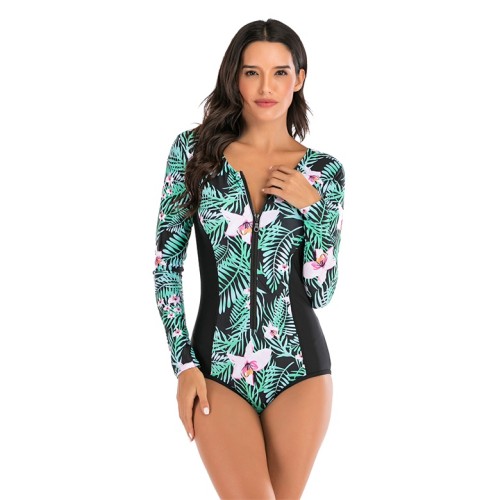 Tropical Leaf Print Zip Up Contrast One Piece Rashguard