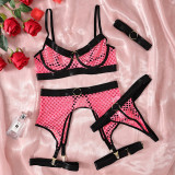 Sexy Fishnet Sexy See-Through Halter Contrast Color Patchwork Four-Piece Lingerie Set