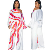 Trendy Print Slash Shoulder Long Sleeve Wide Leg Jumpsuit
