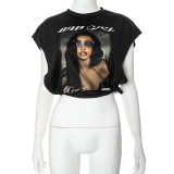 Trendy Printed Round Neck Sleeveless Sexy Slit Knot Crop Top