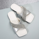 Square Toe Plus Size Cross Straps Rhinestone Roman Sandals Open Toe Flat Slippers