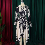Chic Print Turndown Collar Long Sleeve Belted Irregular Shirt Dress