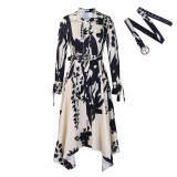 Chic Print Turndown Collar Long Sleeve Belted Irregular Shirt Dress