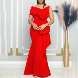 Fashion Slash Shoulder Sexy Bow Decor Long Evening Dress